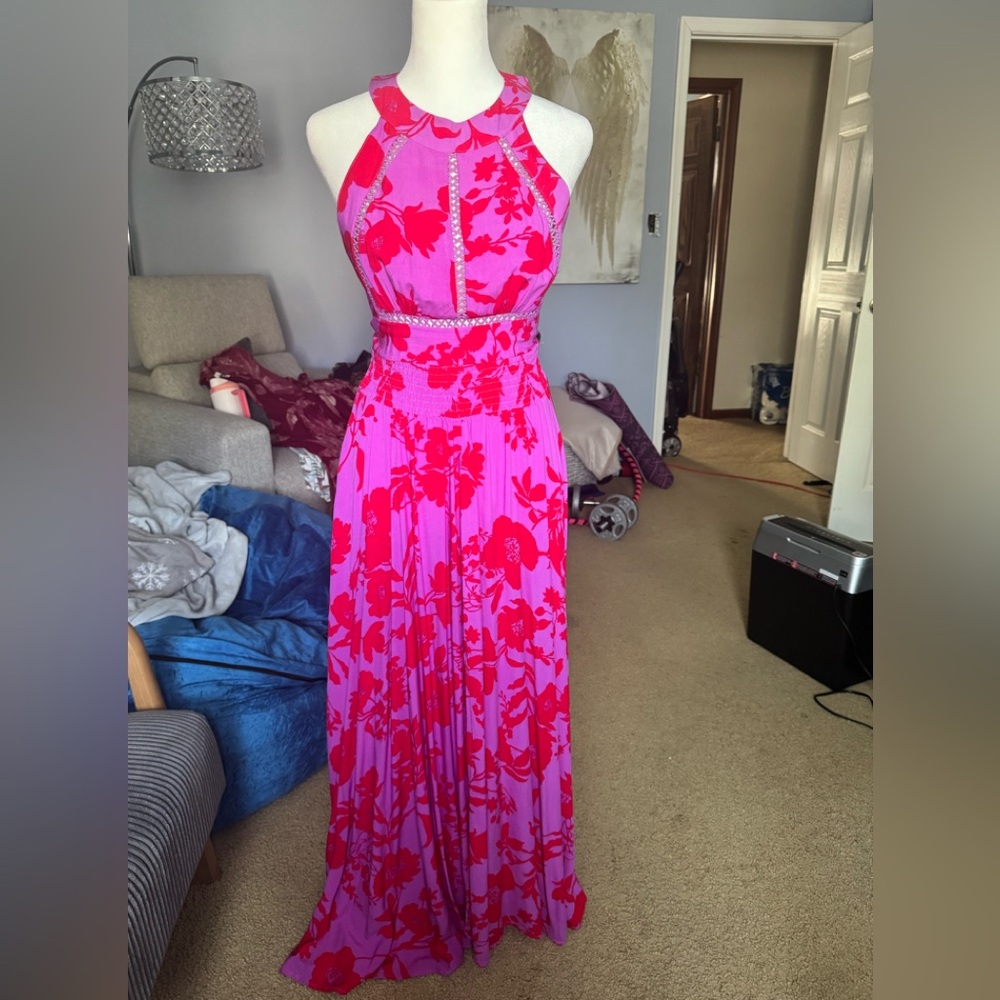 Floral Halter Maxi Dress in Hot Pink and Fuchsia